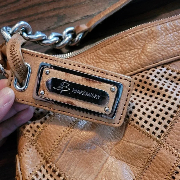 B. MARKOWSKY XL BOHO leather pebbled perforated Patchwork shoulder bag purse TAN - Picture 3 of 15